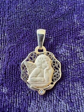 Solid 10K gold vintage filigree 3D Angel pendant w diamond